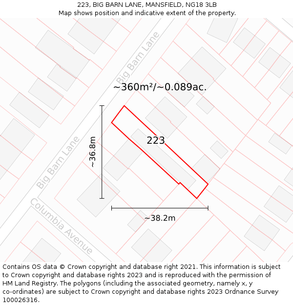 223, BIG BARN LANE, MANSFIELD, NG18 3LB: Plot and title map