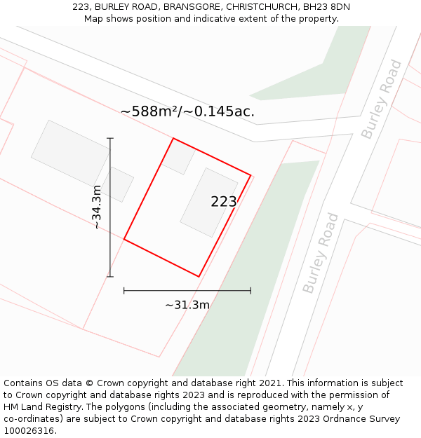 223, BURLEY ROAD, BRANSGORE, CHRISTCHURCH, BH23 8DN: Plot and title map