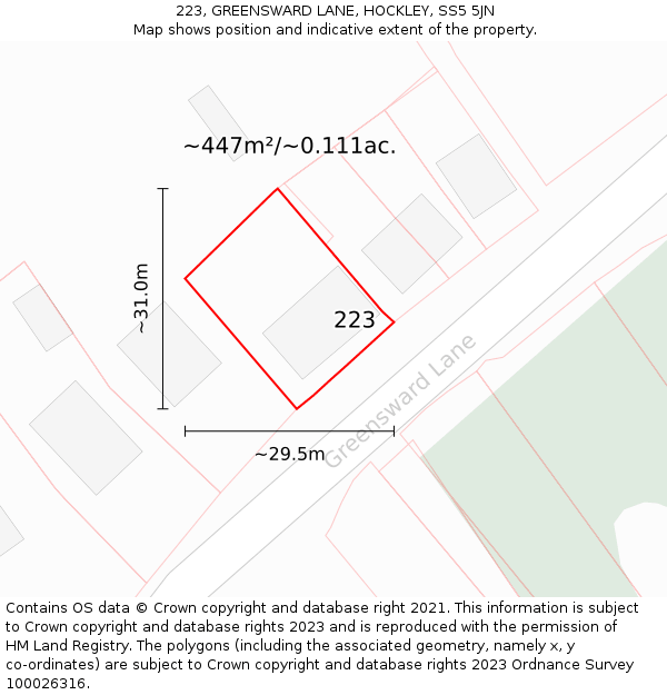 223, GREENSWARD LANE, HOCKLEY, SS5 5JN: Plot and title map