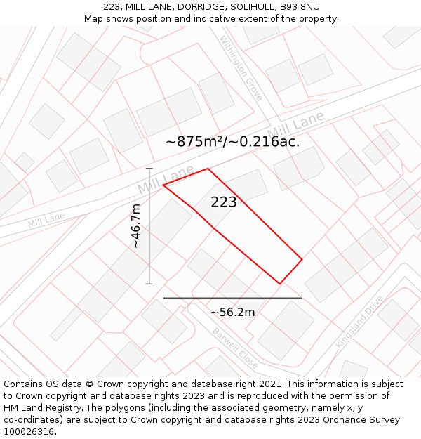 223, MILL LANE, DORRIDGE, SOLIHULL, B93 8NU: Plot and title map