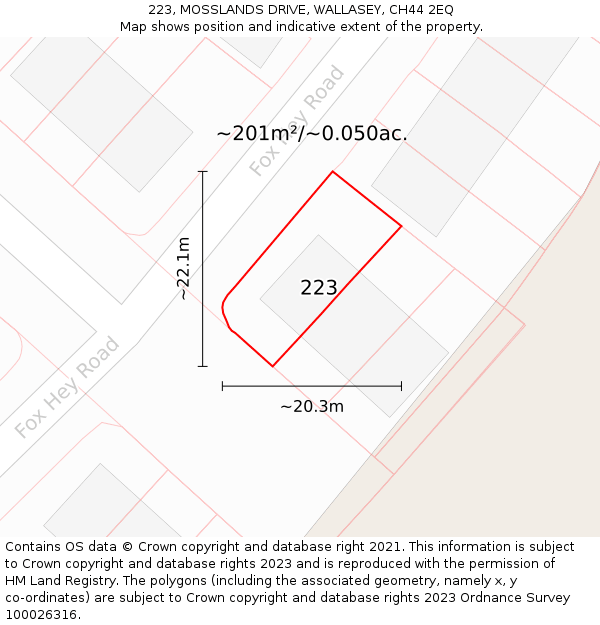 223, MOSSLANDS DRIVE, WALLASEY, CH44 2EQ: Plot and title map