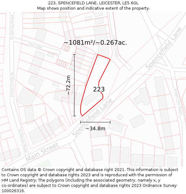 223, SPENCEFIELD LANE, LEICESTER, LE5 6GL: Plot and title map