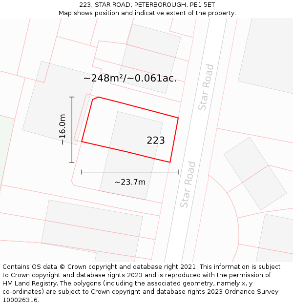 223, STAR ROAD, PETERBOROUGH, PE1 5ET: Plot and title map