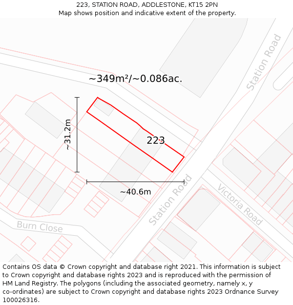 223, STATION ROAD, ADDLESTONE, KT15 2PN: Plot and title map