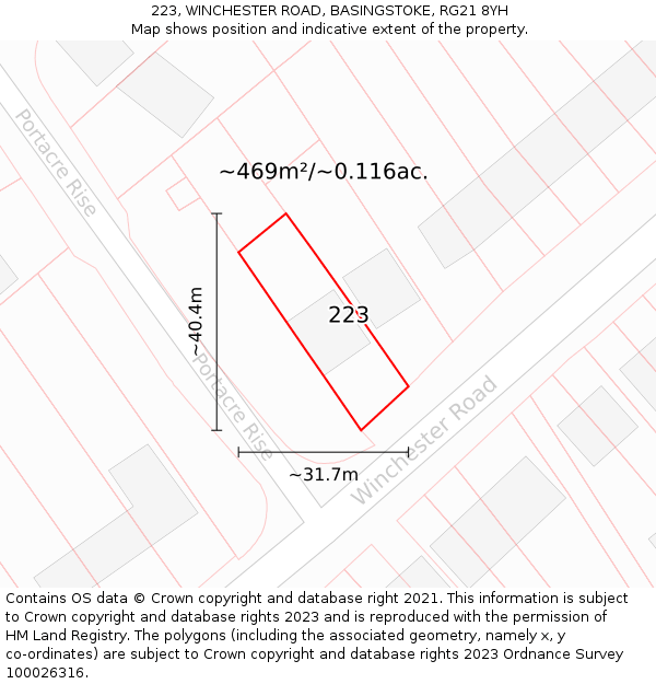 223, WINCHESTER ROAD, BASINGSTOKE, RG21 8YH: Plot and title map