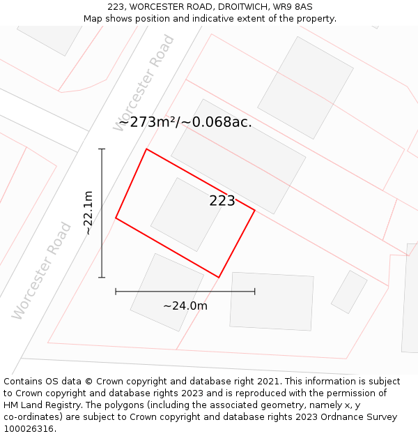 223, WORCESTER ROAD, DROITWICH, WR9 8AS: Plot and title map