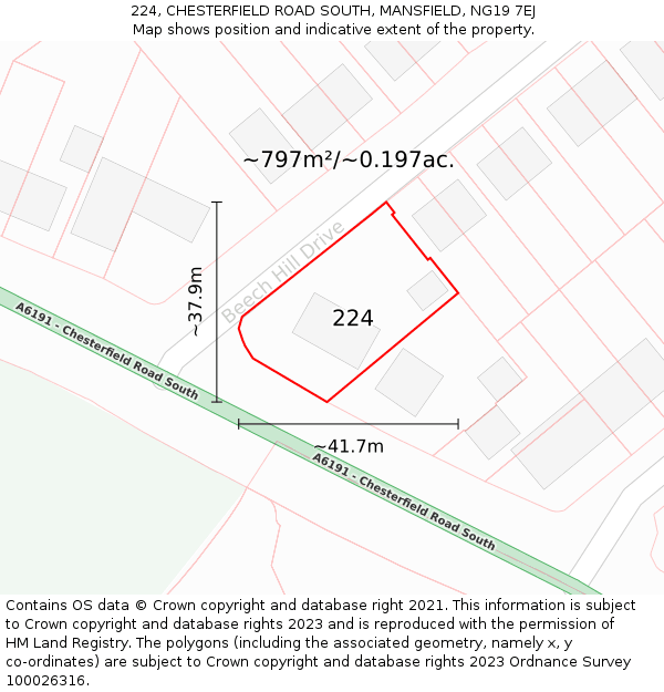 224, CHESTERFIELD ROAD SOUTH, MANSFIELD, NG19 7EJ: Plot and title map