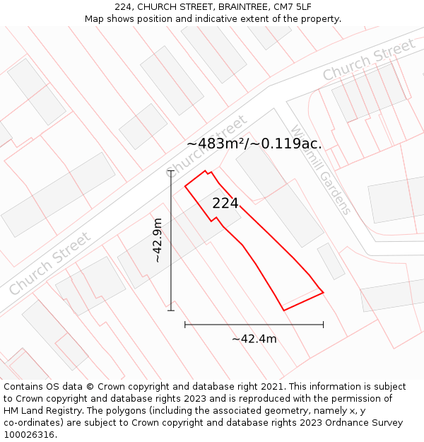 224, CHURCH STREET, BRAINTREE, CM7 5LF: Plot and title map