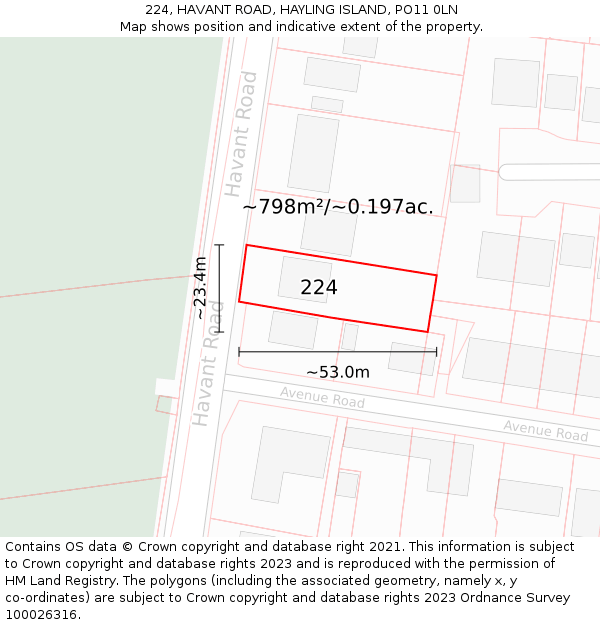 224, HAVANT ROAD, HAYLING ISLAND, PO11 0LN: Plot and title map