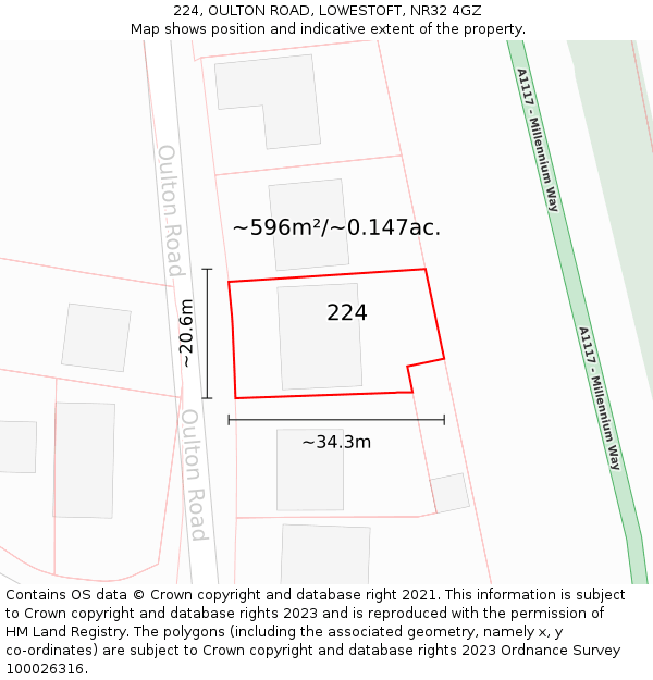 224, OULTON ROAD, LOWESTOFT, NR32 4GZ: Plot and title map