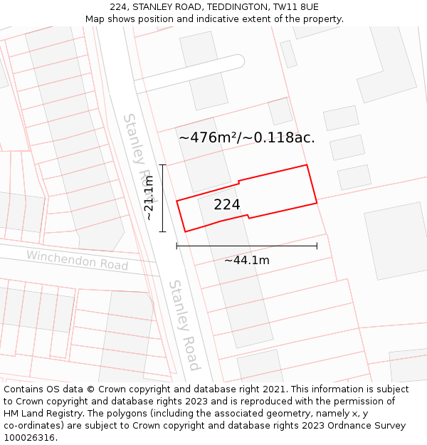 224, STANLEY ROAD, TEDDINGTON, TW11 8UE: Plot and title map