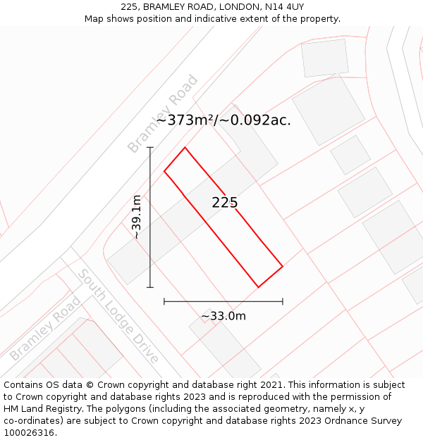 225, BRAMLEY ROAD, LONDON, N14 4UY: Plot and title map