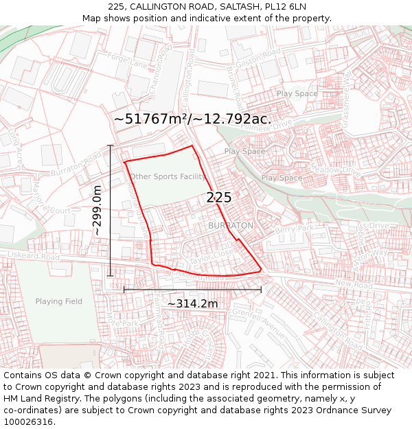 225, CALLINGTON ROAD, SALTASH, PL12 6LN: Plot and title map