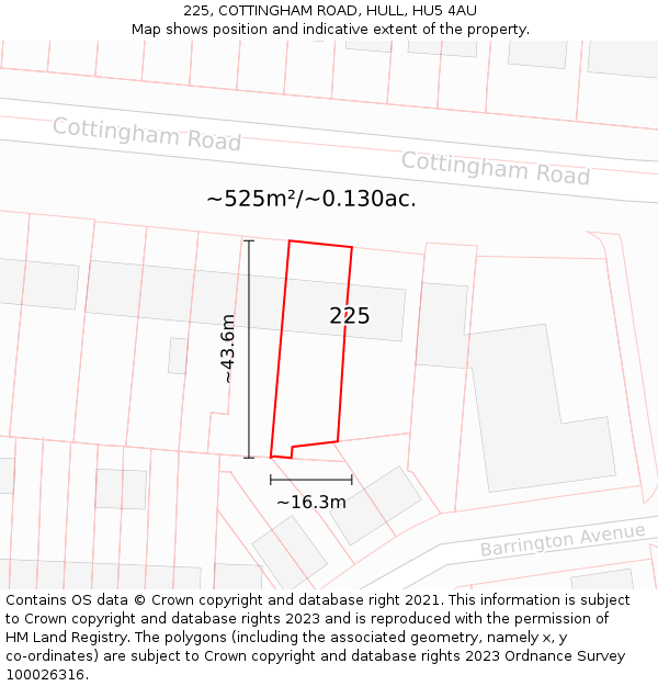 225, COTTINGHAM ROAD, HULL, HU5 4AU: Plot and title map