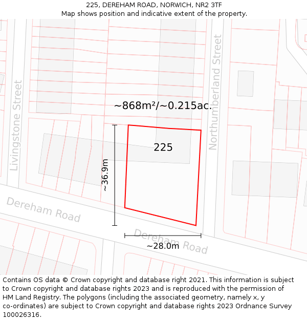 225, DEREHAM ROAD, NORWICH, NR2 3TF: Plot and title map