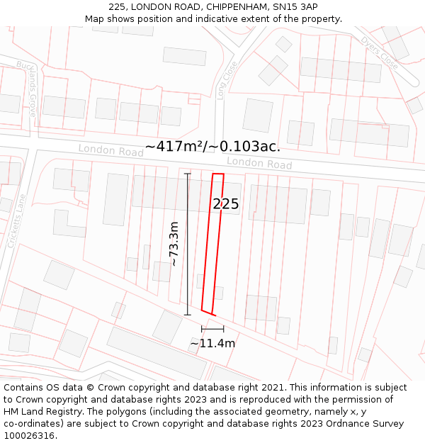 225, LONDON ROAD, CHIPPENHAM, SN15 3AP: Plot and title map