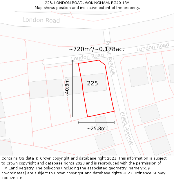 225, LONDON ROAD, WOKINGHAM, RG40 1RA: Plot and title map