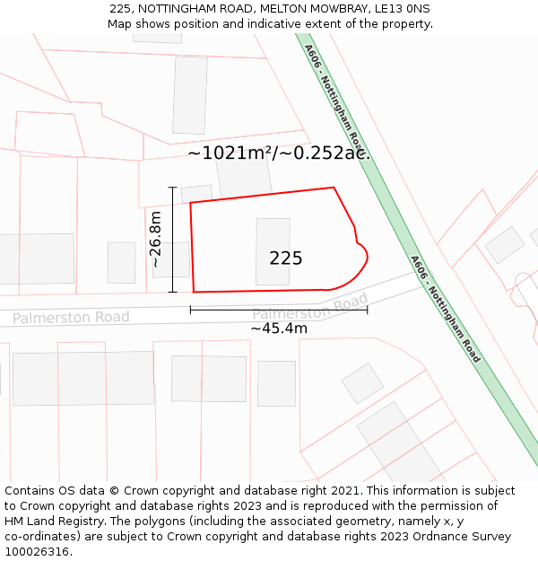 225, NOTTINGHAM ROAD, MELTON MOWBRAY, LE13 0NS: Plot and title map