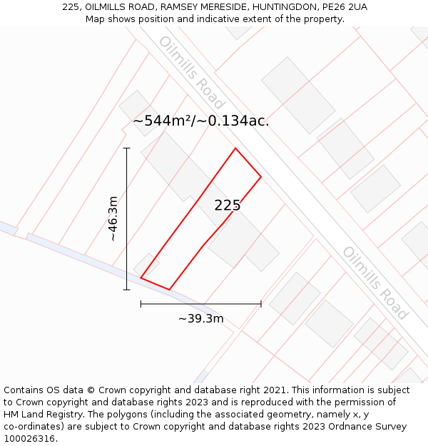 225, OILMILLS ROAD, RAMSEY MERESIDE, HUNTINGDON, PE26 2UA: Plot and title map