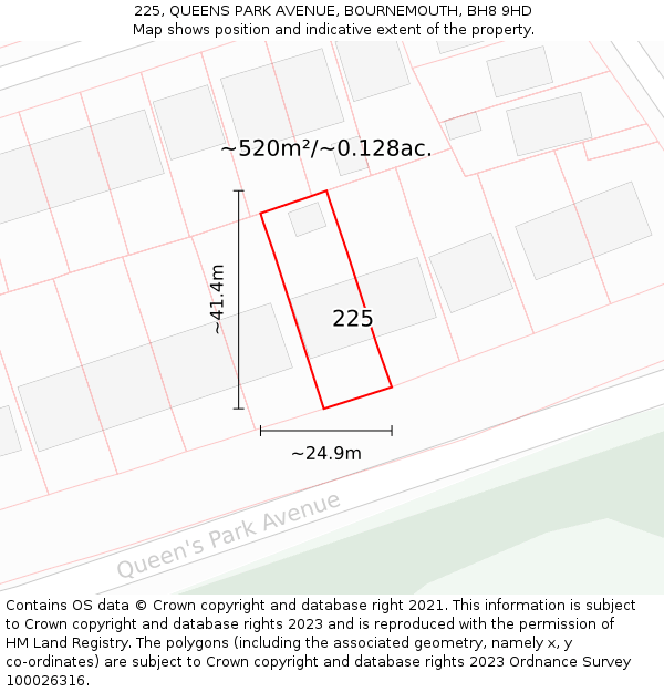 225, QUEENS PARK AVENUE, BOURNEMOUTH, BH8 9HD: Plot and title map