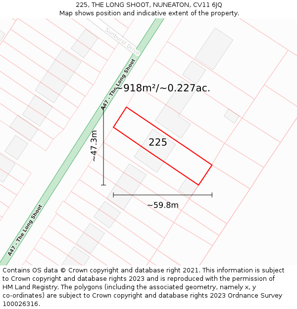 225, THE LONG SHOOT, NUNEATON, CV11 6JQ: Plot and title map