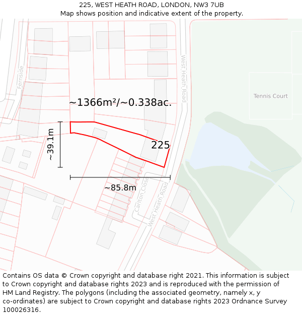 225, WEST HEATH ROAD, LONDON, NW3 7UB: Plot and title map