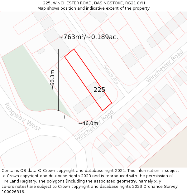 225, WINCHESTER ROAD, BASINGSTOKE, RG21 8YH: Plot and title map