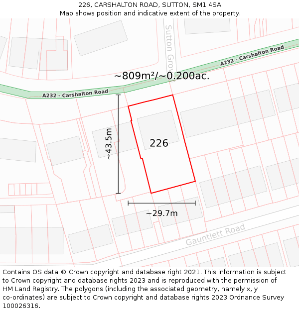 226, CARSHALTON ROAD, SUTTON, SM1 4SA: Plot and title map