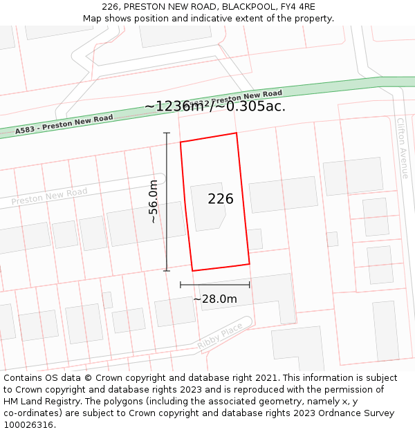 226, PRESTON NEW ROAD, BLACKPOOL, FY4 4RE: Plot and title map