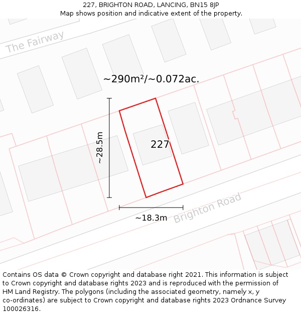227, BRIGHTON ROAD, LANCING, BN15 8JP: Plot and title map
