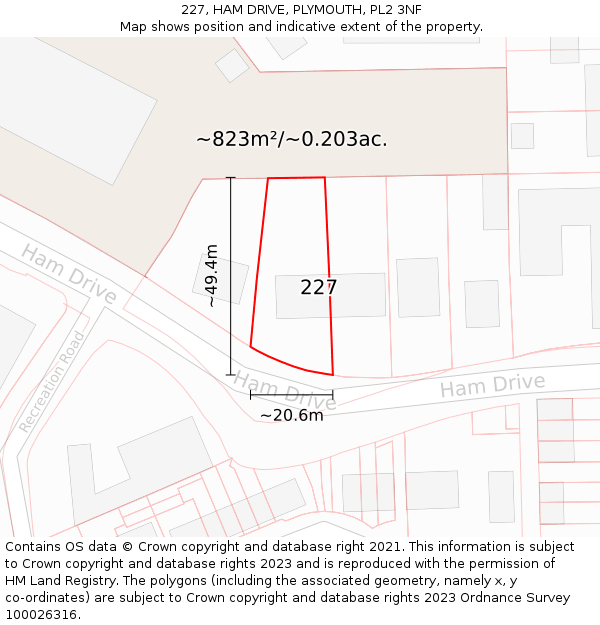 227, HAM DRIVE, PLYMOUTH, PL2 3NF: Plot and title map