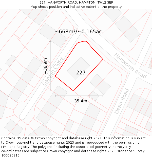 227, HANWORTH ROAD, HAMPTON, TW12 3EF: Plot and title map