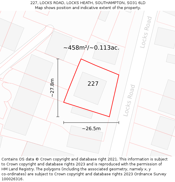 227, LOCKS ROAD, LOCKS HEATH, SOUTHAMPTON, SO31 6LD: Plot and title map