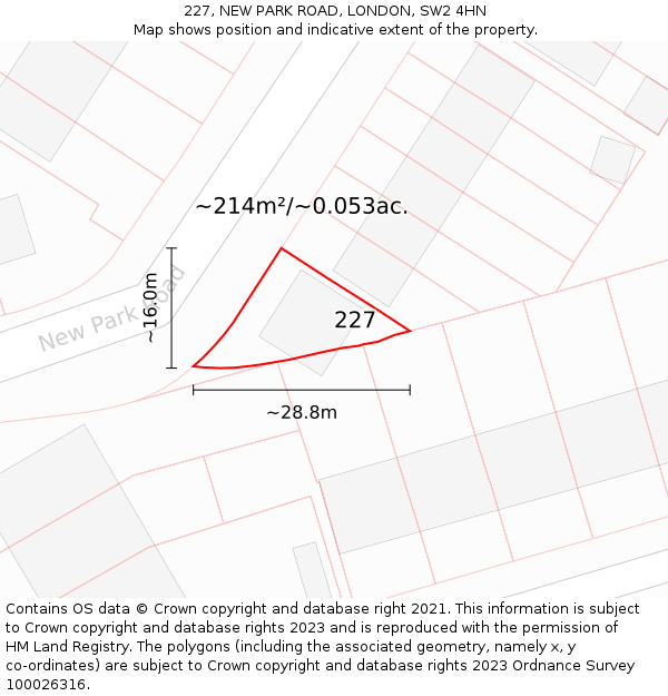 227, NEW PARK ROAD, LONDON, SW2 4HN: Plot and title map