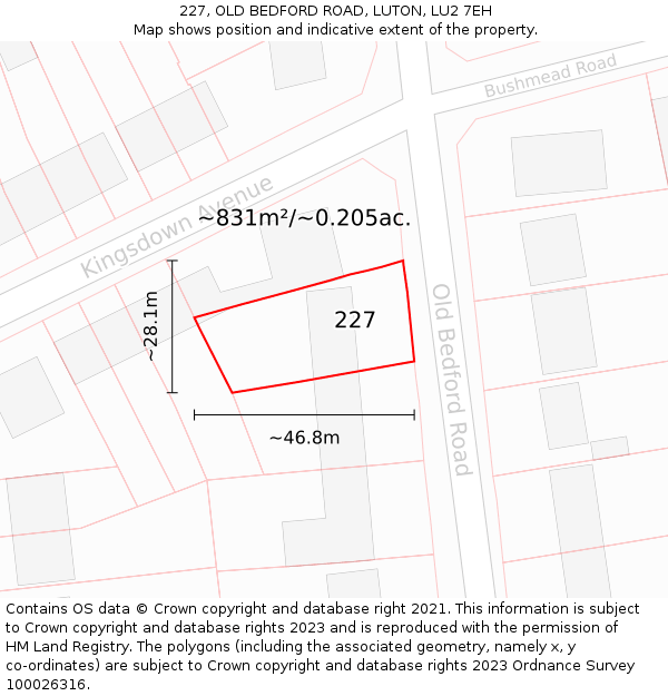 227, OLD BEDFORD ROAD, LUTON, LU2 7EH: Plot and title map
