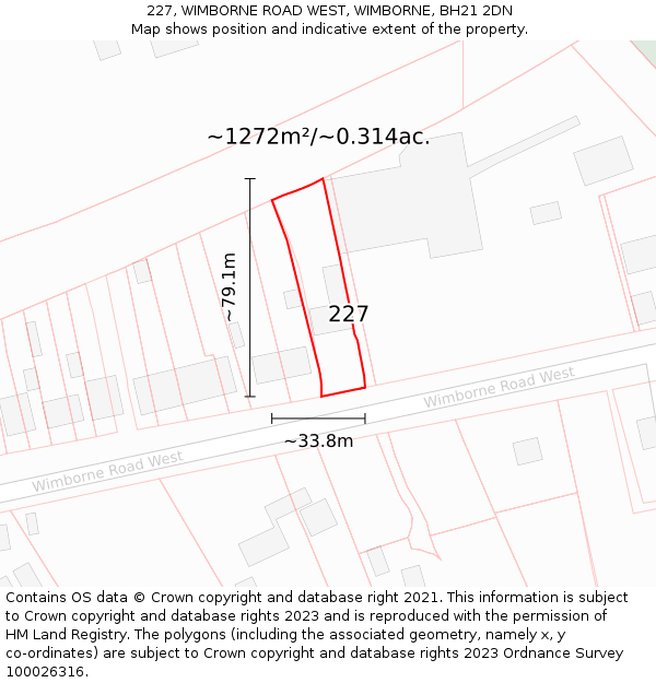 227, WIMBORNE ROAD WEST, WIMBORNE, BH21 2DN: Plot and title map