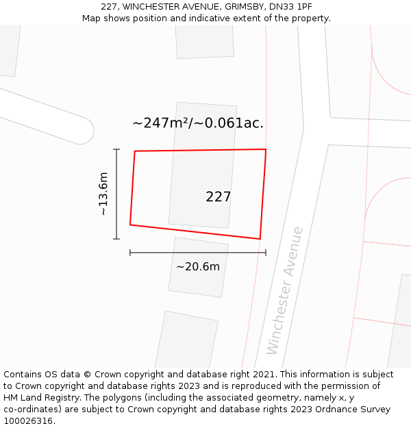 227, WINCHESTER AVENUE, GRIMSBY, DN33 1PF: Plot and title map