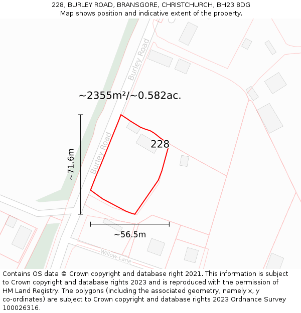 228, BURLEY ROAD, BRANSGORE, CHRISTCHURCH, BH23 8DG: Plot and title map