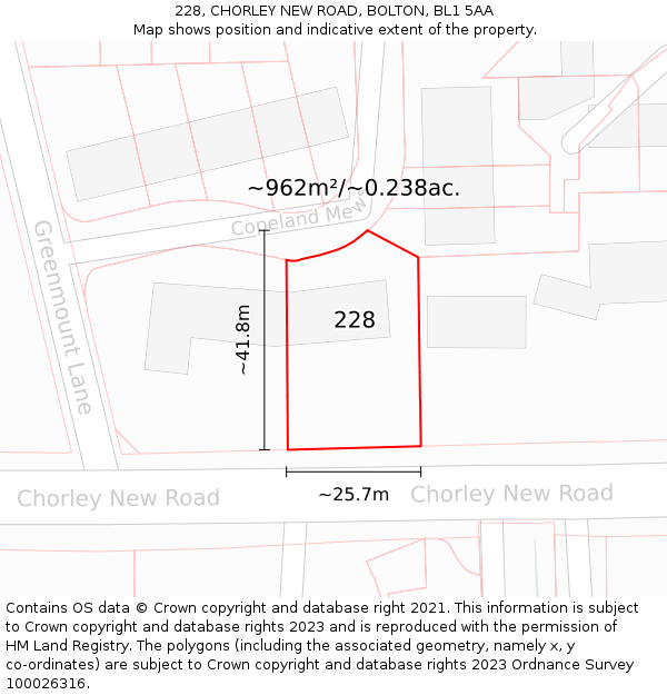 228, CHORLEY NEW ROAD, BOLTON, BL1 5AA: Plot and title map