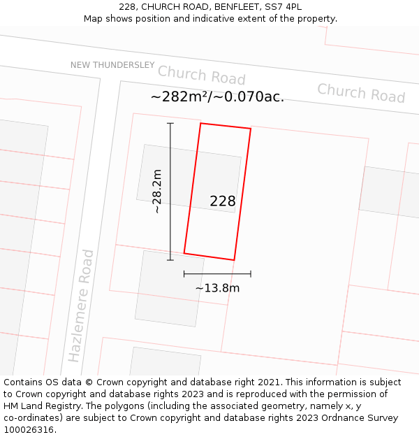 228, CHURCH ROAD, BENFLEET, SS7 4PL: Plot and title map
