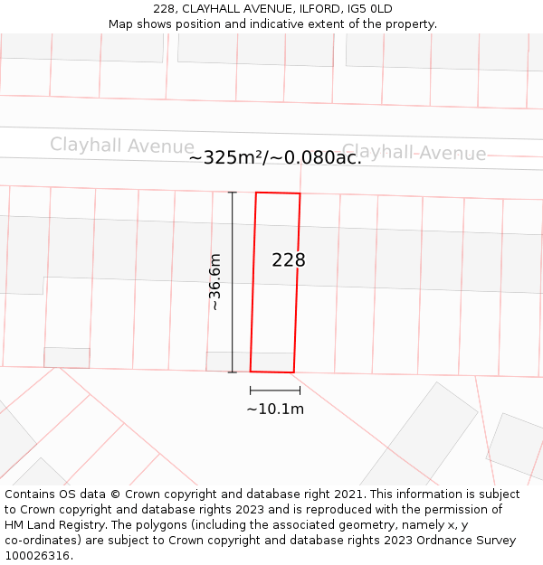 228, CLAYHALL AVENUE, ILFORD, IG5 0LD: Plot and title map