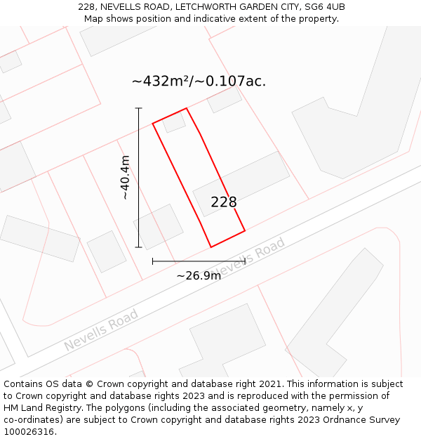 228, NEVELLS ROAD, LETCHWORTH GARDEN CITY, SG6 4UB: Plot and title map