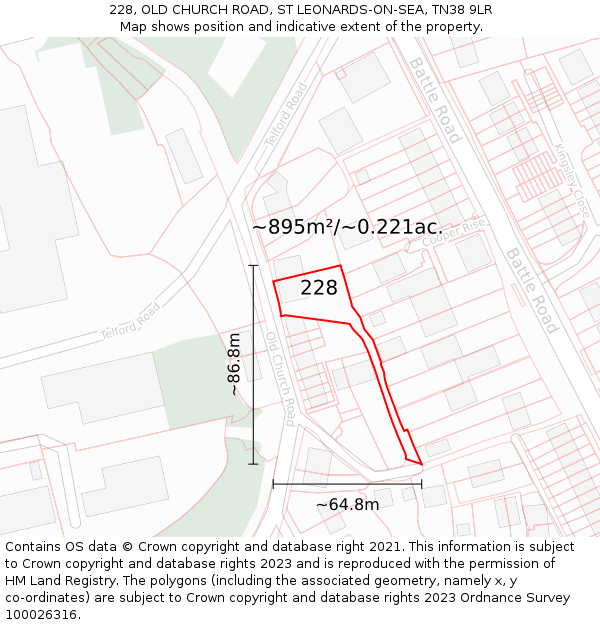 228, OLD CHURCH ROAD, ST LEONARDS-ON-SEA, TN38 9LR: Plot and title map