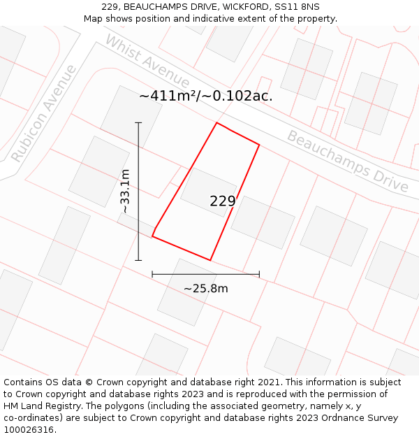 229, BEAUCHAMPS DRIVE, WICKFORD, SS11 8NS: Plot and title map