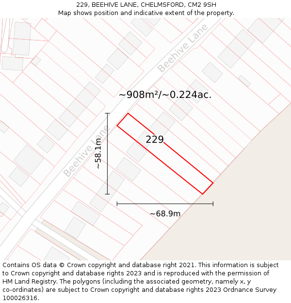 229, BEEHIVE LANE, CHELMSFORD, CM2 9SH: Plot and title map