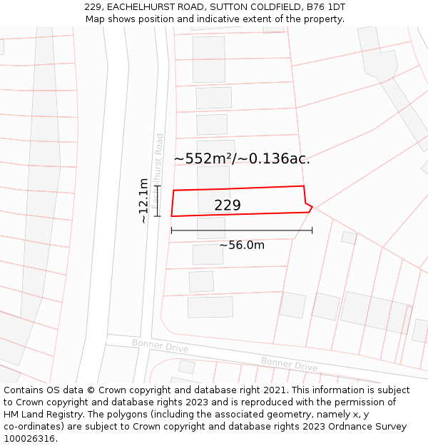 229, EACHELHURST ROAD, SUTTON COLDFIELD, B76 1DT: Plot and title map