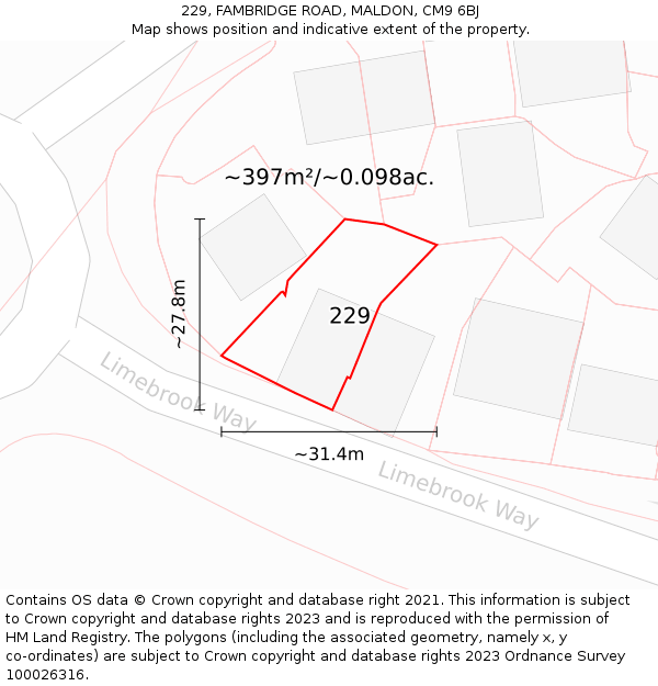 229, FAMBRIDGE ROAD, MALDON, CM9 6BJ: Plot and title map