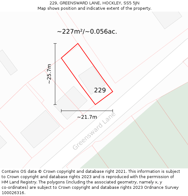 229, GREENSWARD LANE, HOCKLEY, SS5 5JN: Plot and title map