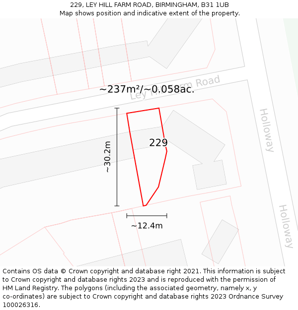 229, LEY HILL FARM ROAD, BIRMINGHAM, B31 1UB: Plot and title map