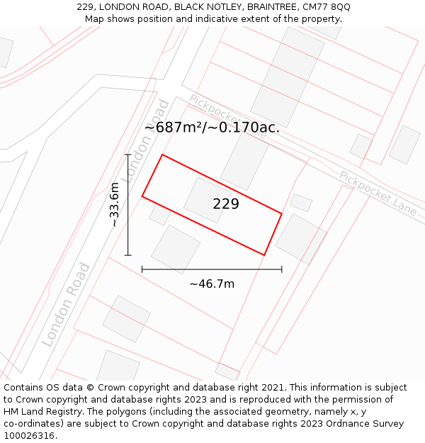 229, LONDON ROAD, BLACK NOTLEY, BRAINTREE, CM77 8QQ: Plot and title map